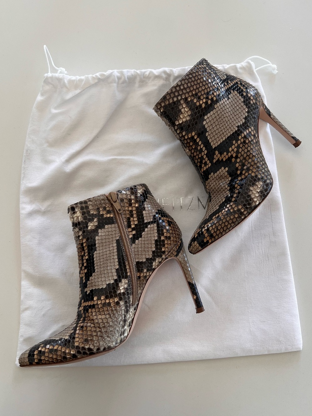 Stuart Weitzman Snakeskin Pointed Toe Ankle Booties in Brown and Black